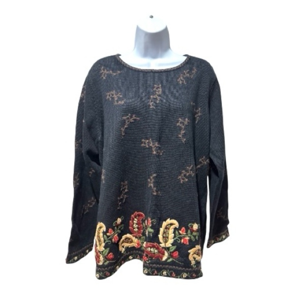 Talbots XL Black Embroidered Knit Sweater Floral Hem Crewneck Textured